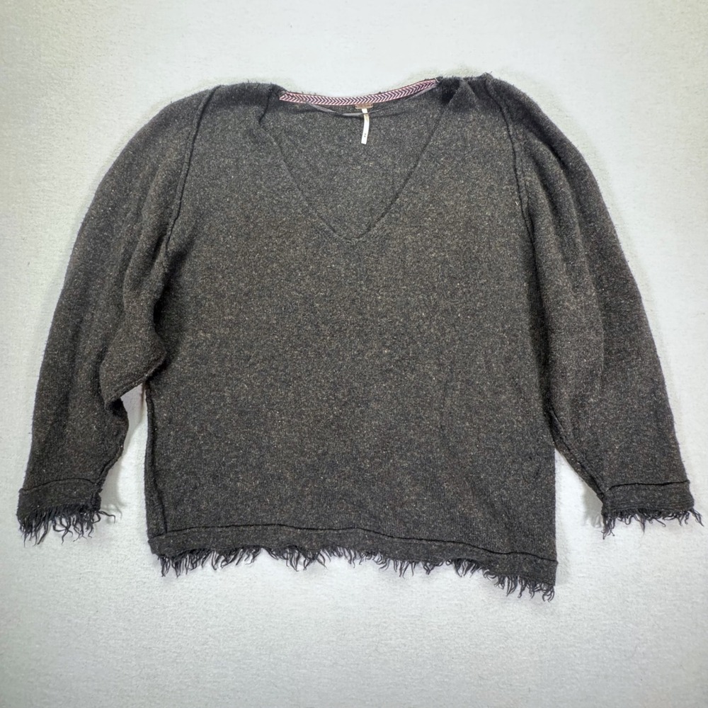 Free‎ People Women Sweater Relaxed Charcoal Grey Fringed Wool Blend M